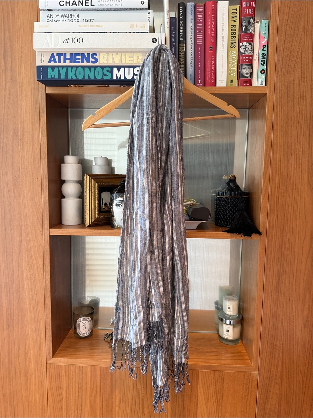 Lightweight Striped Fringe Scarf in Blue and Gray